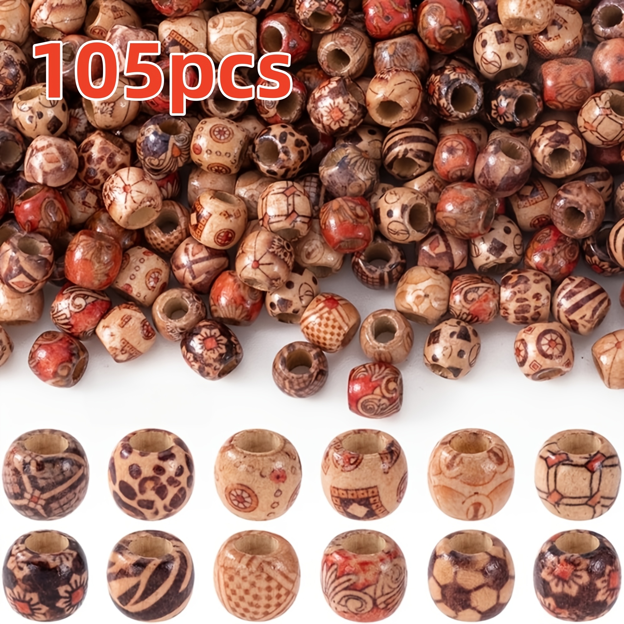 TEMU Lot de 105 perles entretoises rondes vintage de 12 mm, pendentifs, perles en bois imprimé pour artisanat, perles à cheveux en bois naturel à