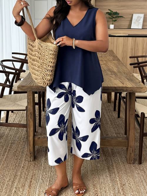 plus size plus size 2pcs sleeveless casual floral print holiday set