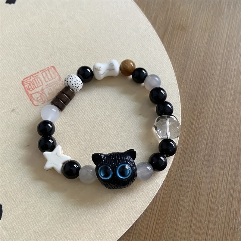 Charming Cat with Golden Star Eyes Bracelet Vintage Ceramic