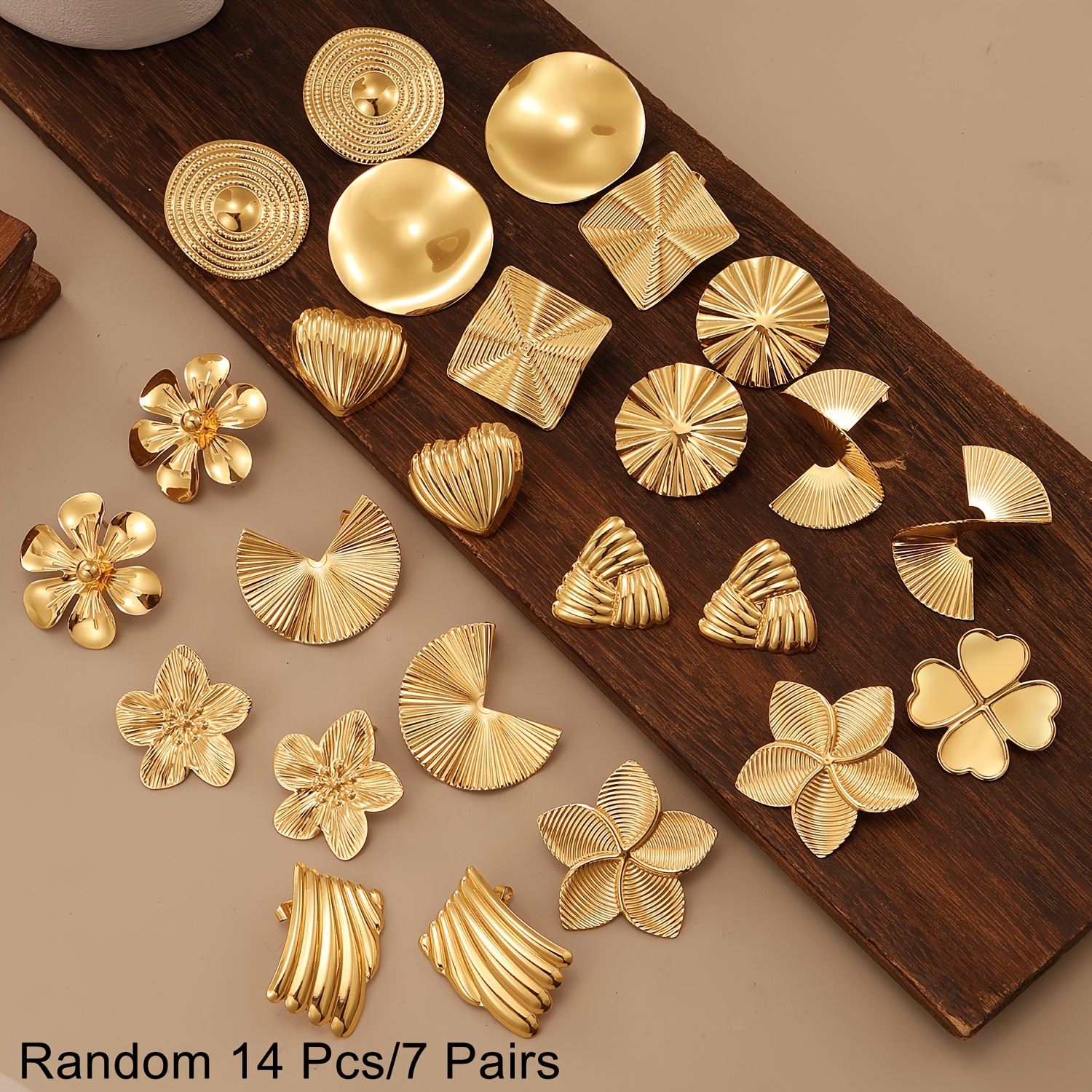 TEMU Random 14pcs Set/7 Pairs Of Stylish And Unique Metallic Floral Geometric Pattern Earrings For Women, Suitable For Everyday Wear, Parties, And As