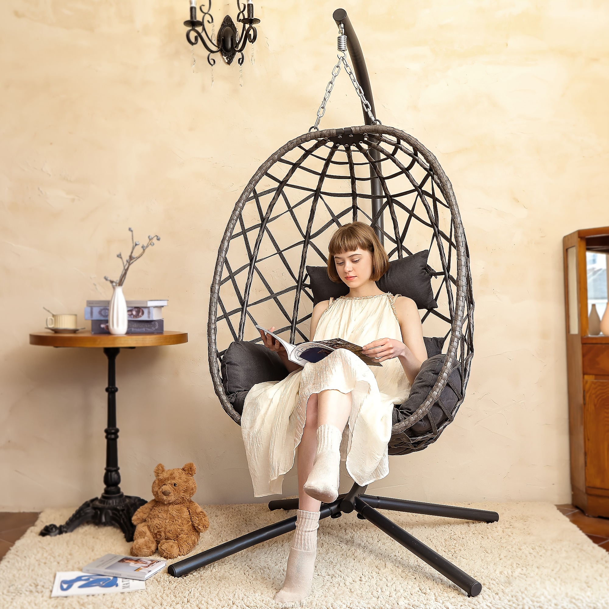 

Egg Swing Chair With Stand, Outdoor Patio Hanging Chair With Stand, Indoor Wicker Hammock Chair With Cushion For Patio, Bedroom, Garden, And Balcony