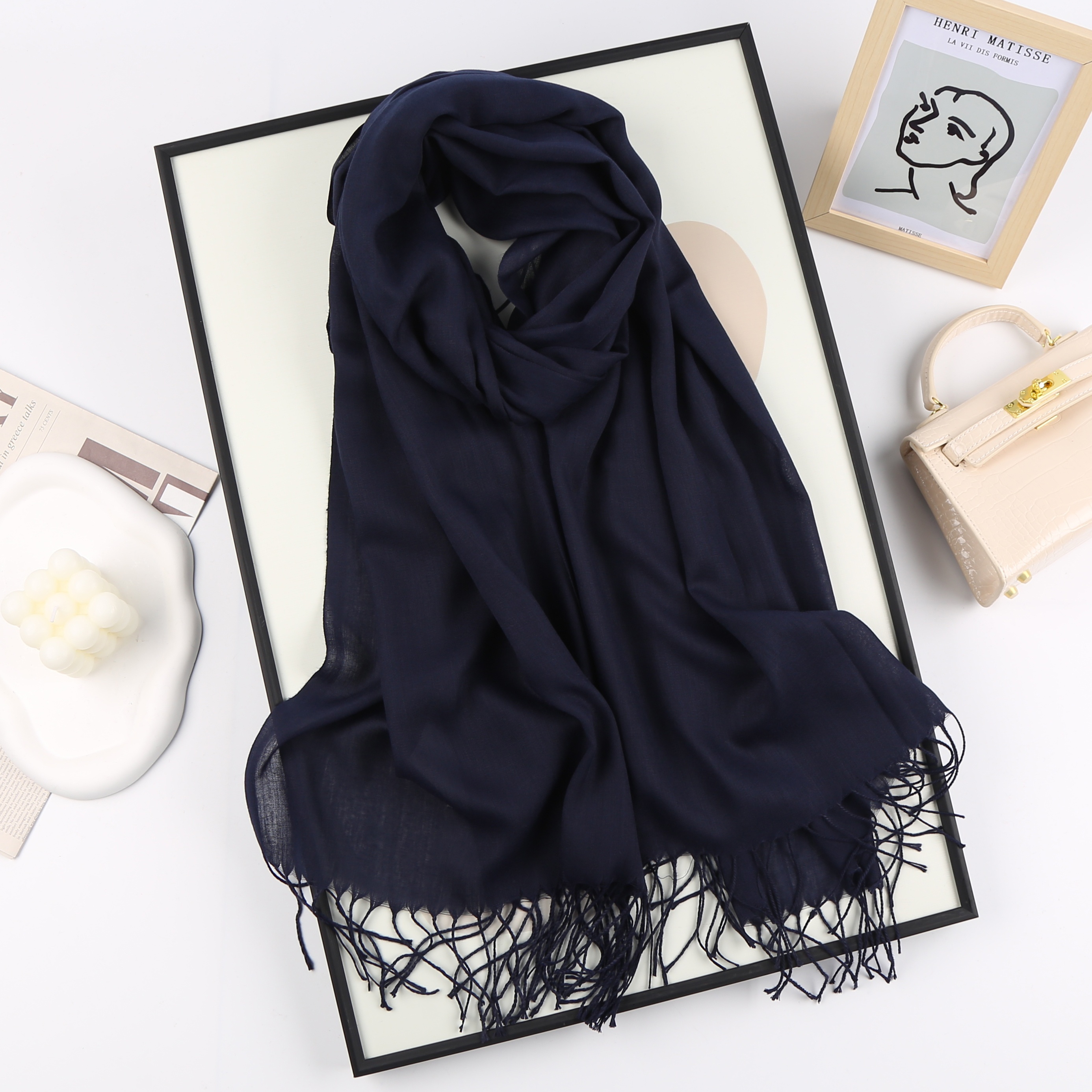 TEMU Elegant Solid Color Sheer Scarf With Tassels, Fashionable Pashmina Shawl For , Travel & Vacation Accessory, Multiple Colors Available Gifts For