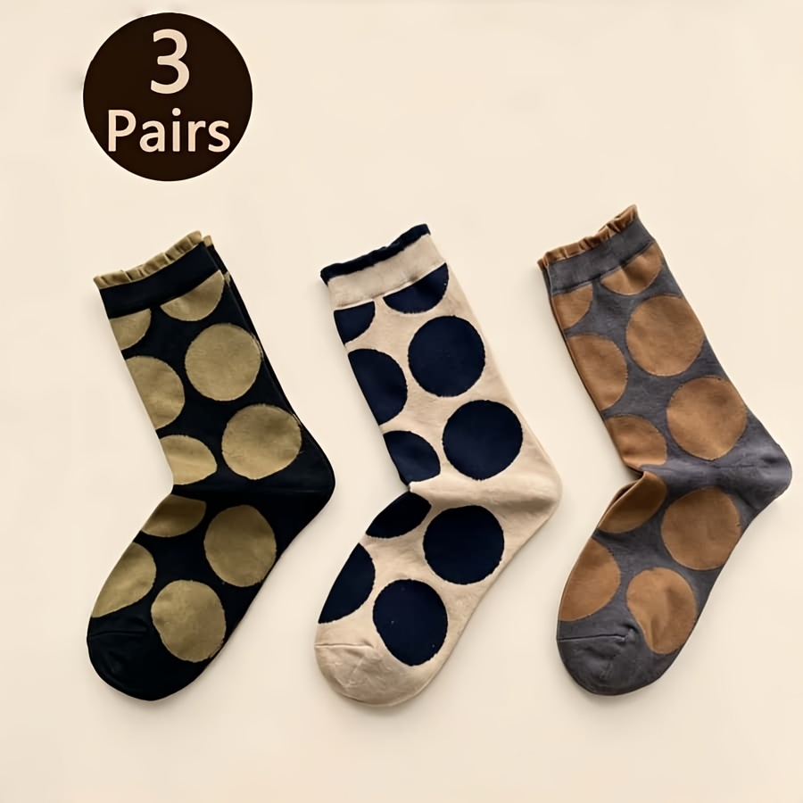 TEMU 3-pair/6-pair Large Polka Dot Fashion Women's Mid-calf Socks, Soft And Wear-resistant Lace Women's Socks, Suitable For Use And Holiday Gifts