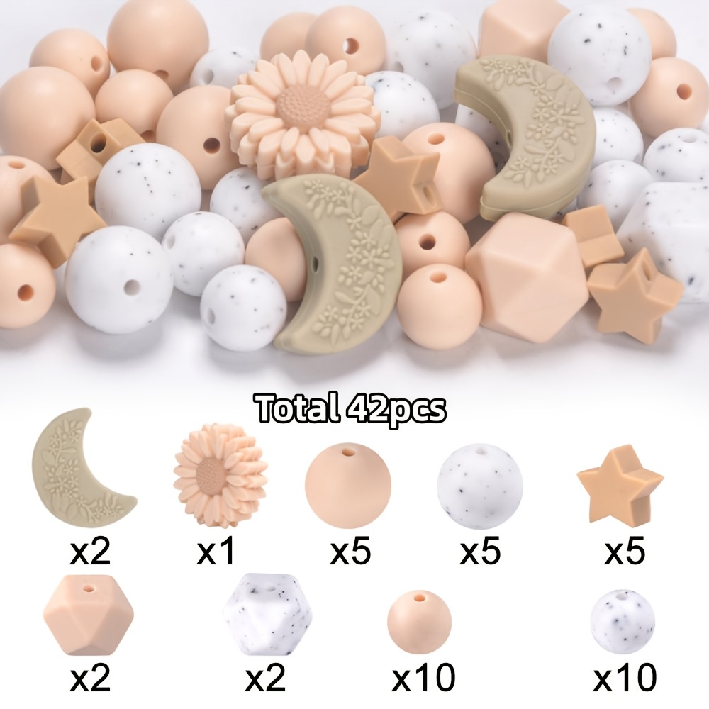 E-shop 42-teiliges Set aus lebhaften, bunten Silikonperlen-Mix – Gänseblümchen-, Halbmond-, Stern-Schlüsselperlen mit runden & sechseckigen