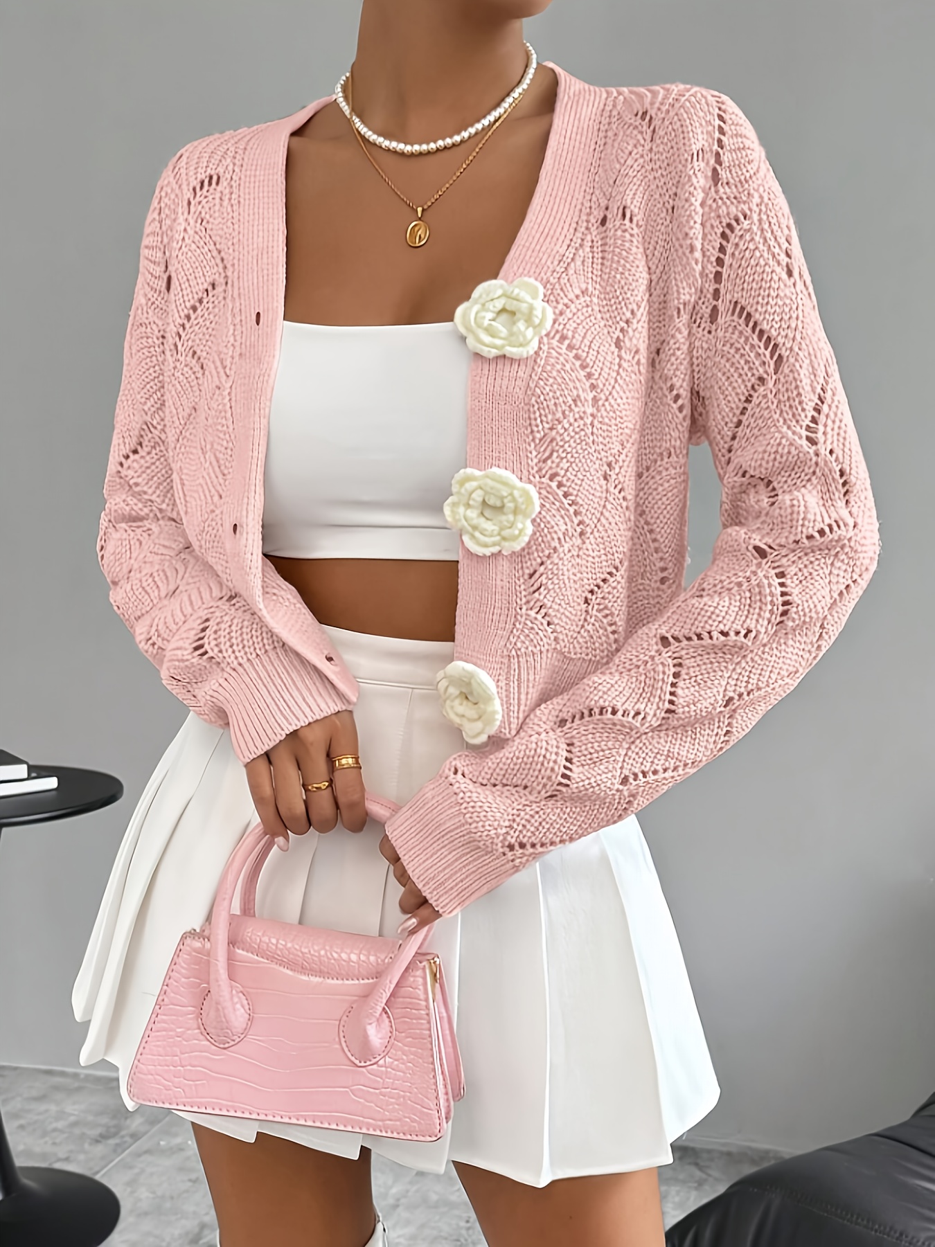 spring 2026 spring summer womens handcrafted 3d floral     elegant solid lace crochet cardigan top jacket womens suitable for daily wear and commuting spring outing   versatile style