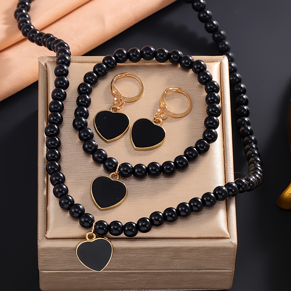 

Boho 4pcs Jewelry Set For Women - Resin Mosaic Heart Pendant Necklace, Bracelet, Earrings - Alloy Construction, Daily & Holiday Accessories - Compatible Gift Set