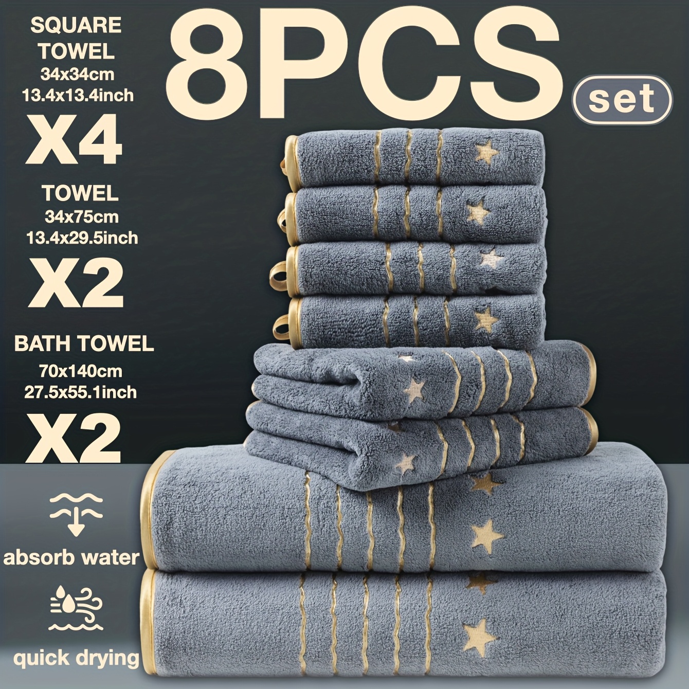 TEMU 8pcs Premium Golden-threaded Star Embroidery Coral Washcloth Towel Bath Towel Set, Including 2 Bath Towels (69.85 X 139.95 Cm), 2 Hand Towels