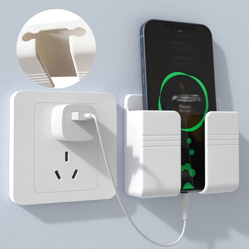 1pc Wall Mounted Phone Holder, Adhesive PC Material, No Drilling, Remote Control Storage, Made of Other Plastic, for Bathroom, Kitchen, Hotel Bedside - Smart Phone Charging Station