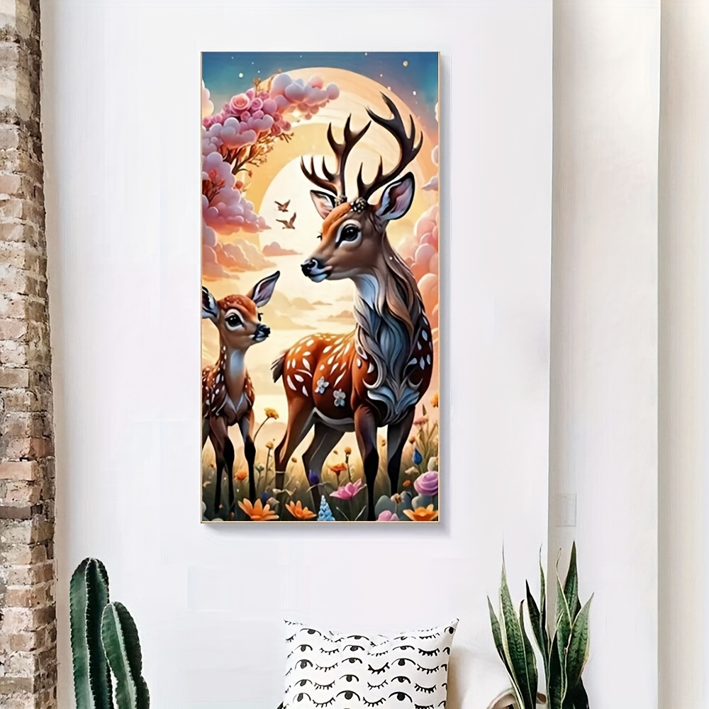 

5d Full Drill Diamond Painting Kit, Animal Theme Deer & Fawn, Round Acrylic Diamonds Embroidery Art Craft, Diy Mosaic Stitch Kit, Wall Decor 40x70cm