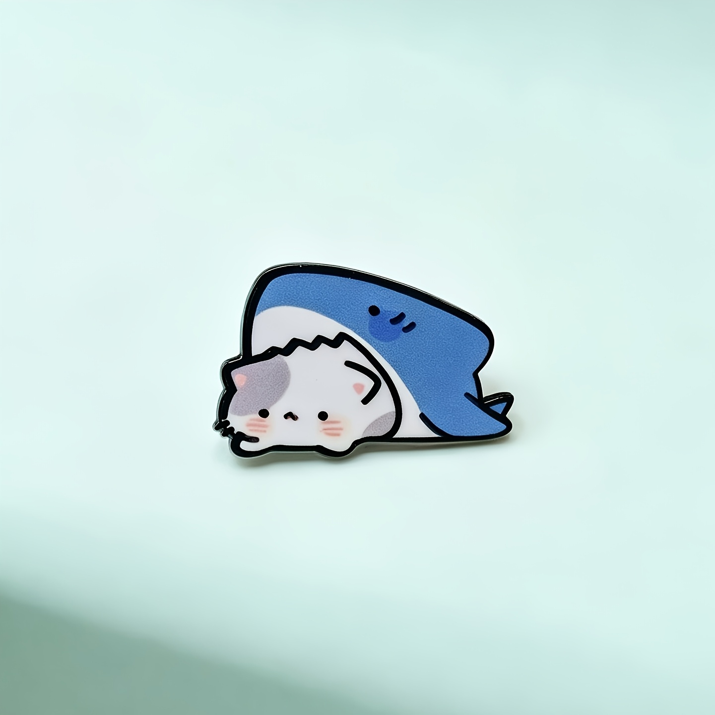 TEMU 2d Flat - Kawaii Shark Wrap Chubby Cat 2d Flat Acrylic Brooch, Cartoon Blush Grey White Kitten Sea Creature Lapel Pin, Cute Animal Badge For