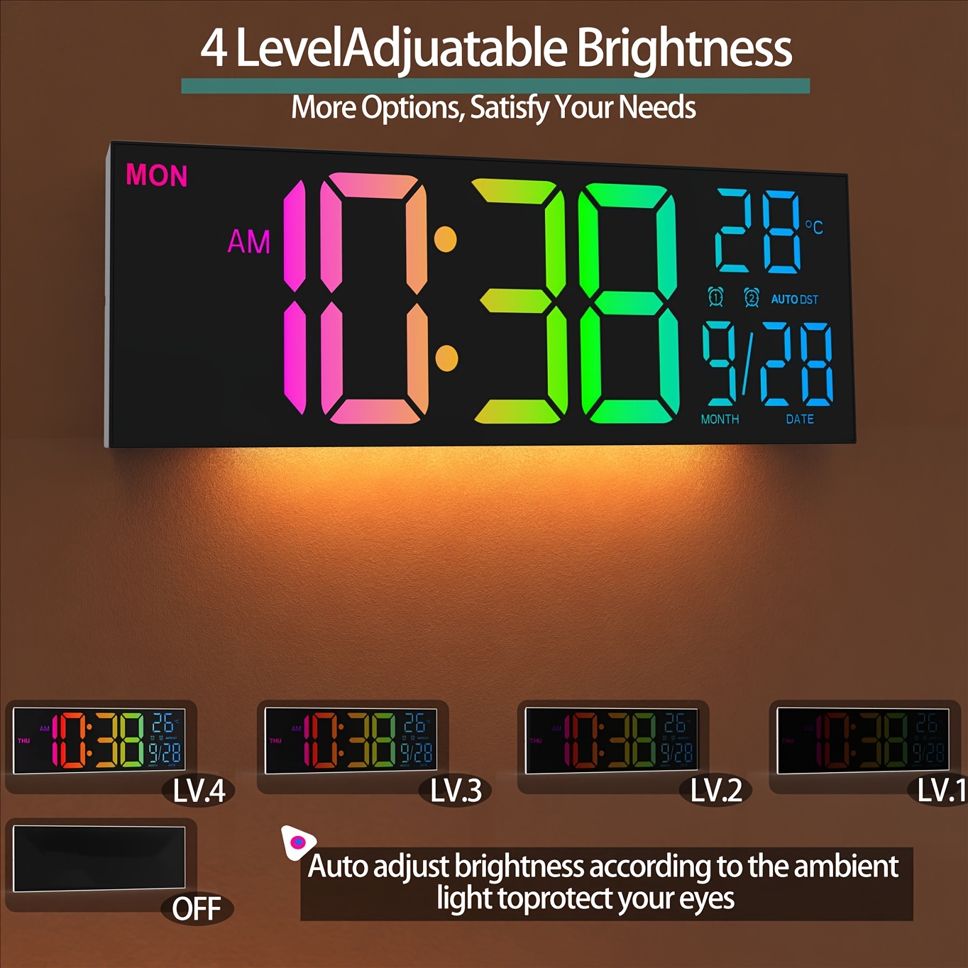 1pc Simple 40.64 cm Large Digital Wall Clock, Remote Control, Double Alarm Clock, 8 RGB Colors, DST Switch, Adjustable Brightness, Square Design Room and Bedroom Decor, Home Clock. (powered by USB)