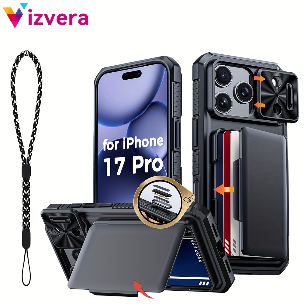 TEMU Custodia per telefono - Compatibile con Iphone 17 Pro, Custodia Portafoglio (Con cordino per cellulare con porta carte integrato ( 4-5 carte) |