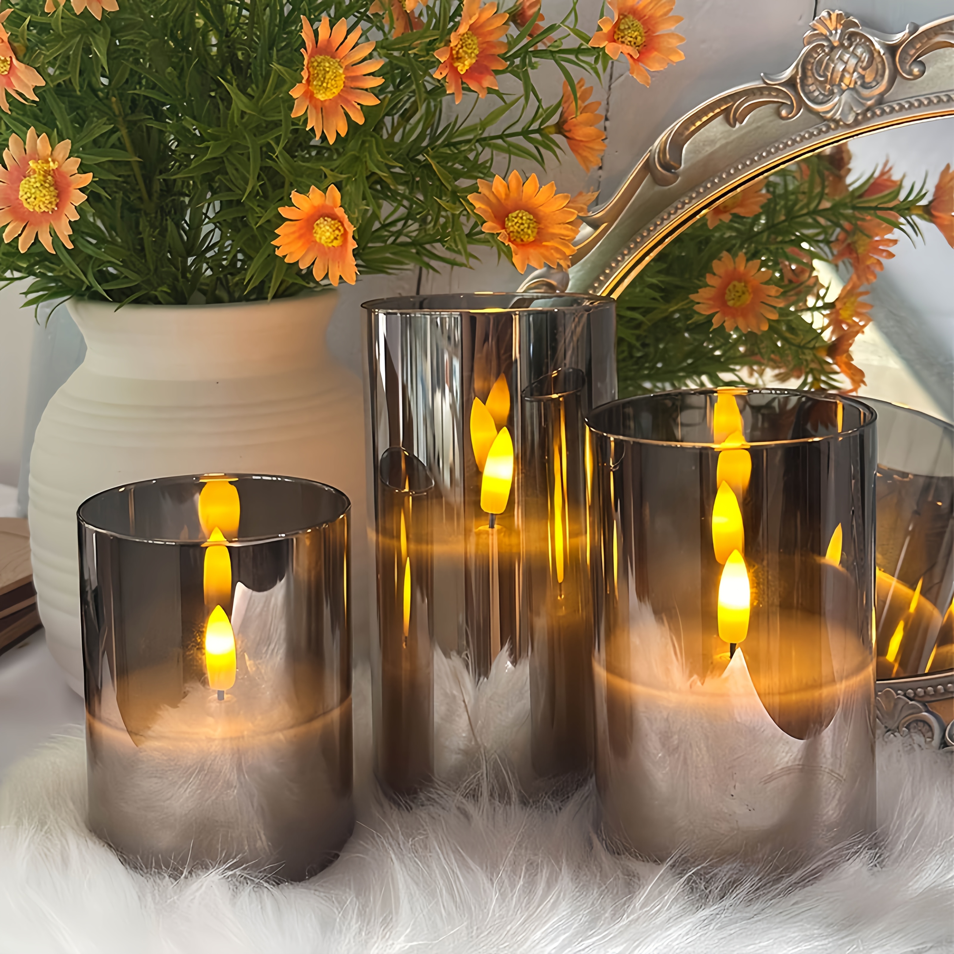 3 stuks Grijze Vlamloze LED Kaarsen met Afstandsbediening | Batterijgevoede Flikkerende 3D Lontjes