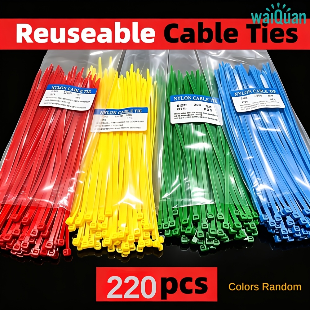 TEMU Lot de 220 attaches-câbles réutilisables auto-bloquantes en nylon plastique, couleurs mélangées pour une fixation sécurisée, côtelée durable et
