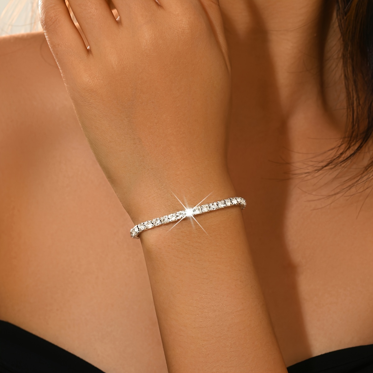 TEMU 1pc Elastic Bracelet Single Row Rhinestone Bracelet, Shiny Rhinestone Chain Bracelet, Shining Copper Material Wristband, Suitable For Daily