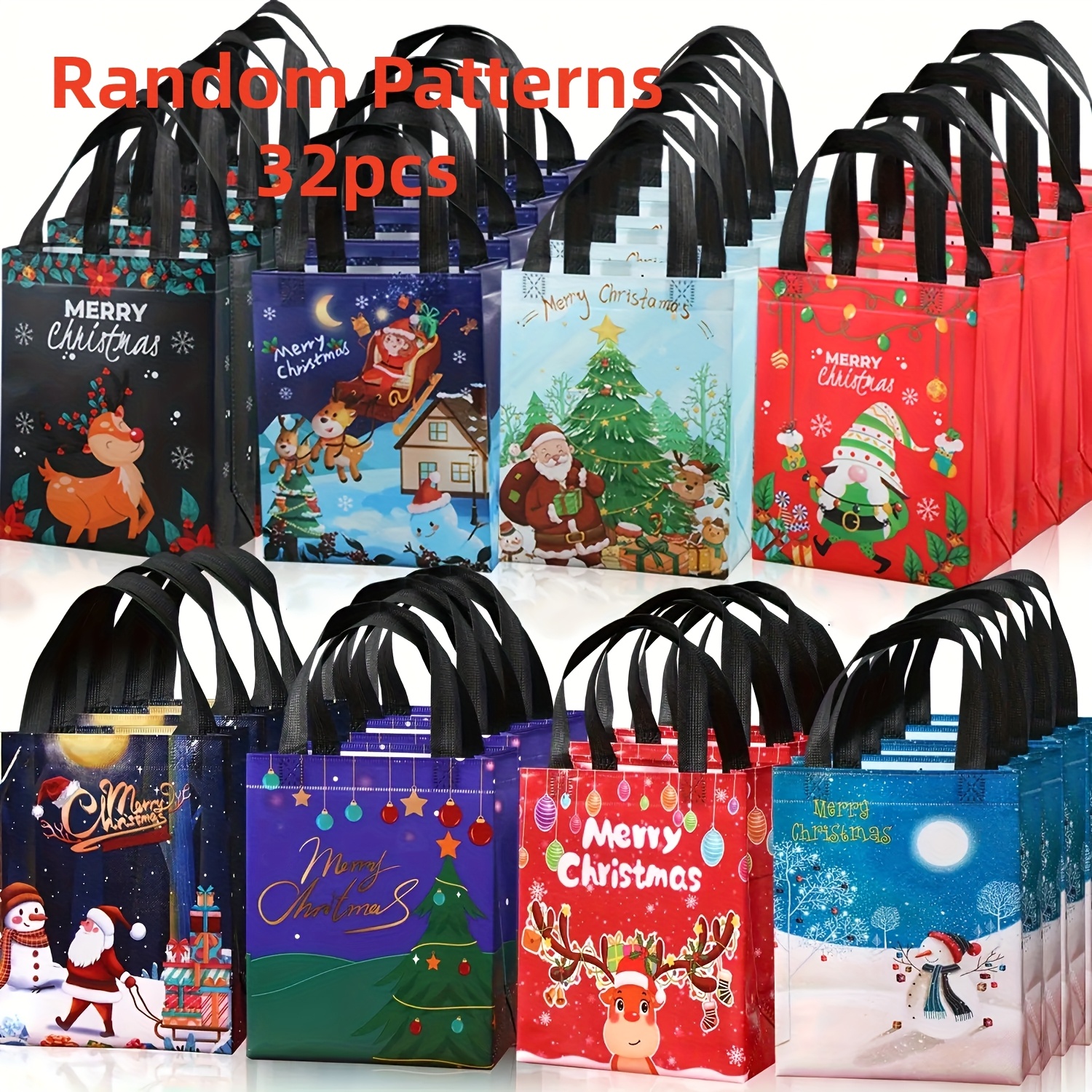 Image of 32pcs Large Reusable Christmas Gift Bags | Festive Santa, Tree, Snowman "merry Christmas" Design, Pp Material, Foldable, Options, Ideal For Christmas Party, Surprise, With Gift Tags
