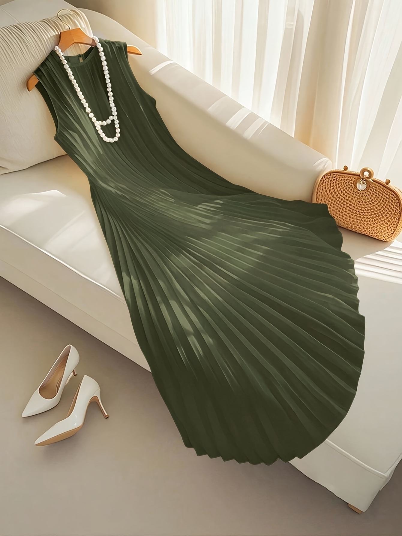 olive green long dress sleeveless pleated dress strapless - Temu Qatar