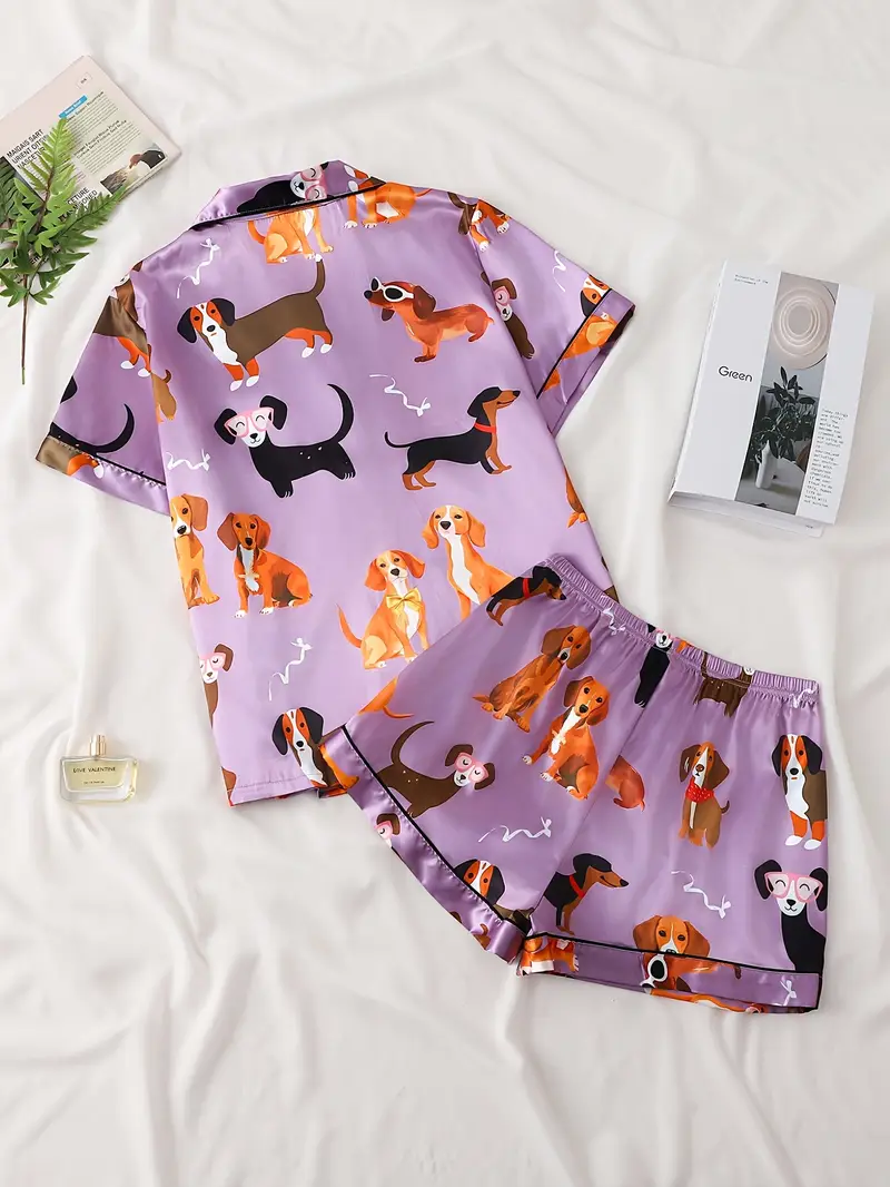 ladies two piece satin pajamas set with purple puppy pattern ladies two piece short sleeved stand up collar top with shorts ladies pajamas for two piece womens set Product details 1