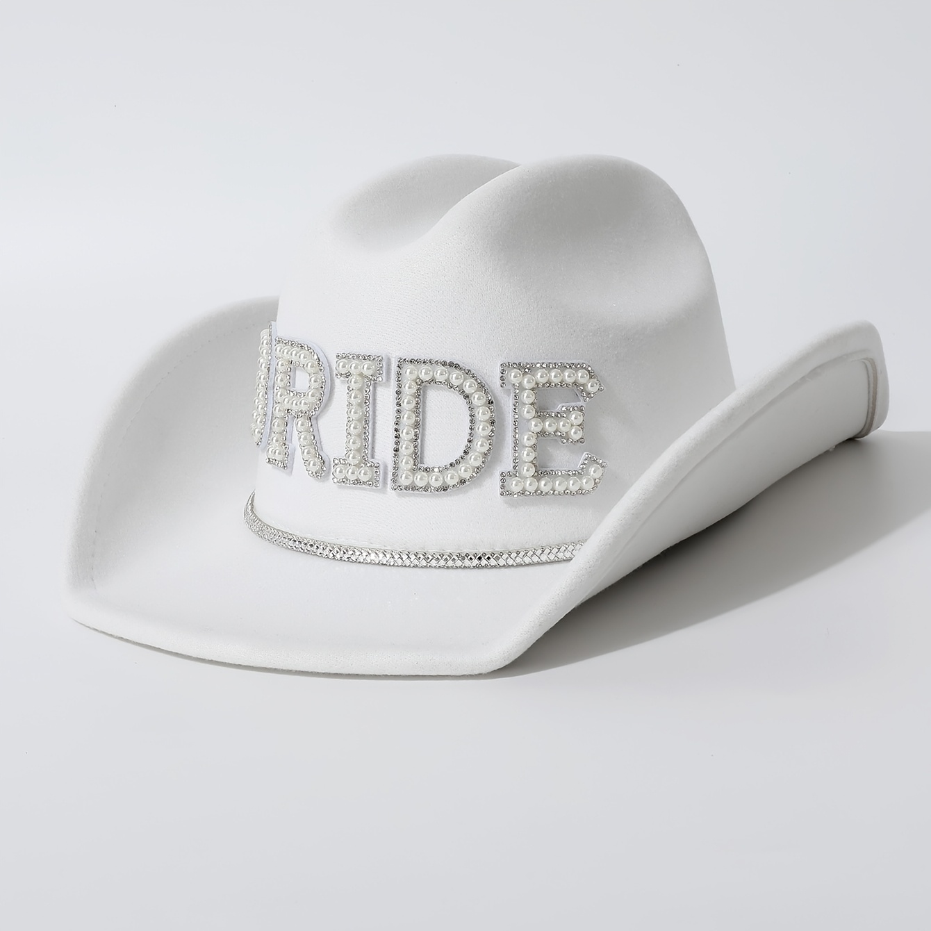 E-shop Cowboyhut mit Perlen und englischen Buchstaben BRIDE Braut Weiße Hochzeitsparty Hut Strass Dekoration Cowboyhut Einzelsitzung Weiße Western