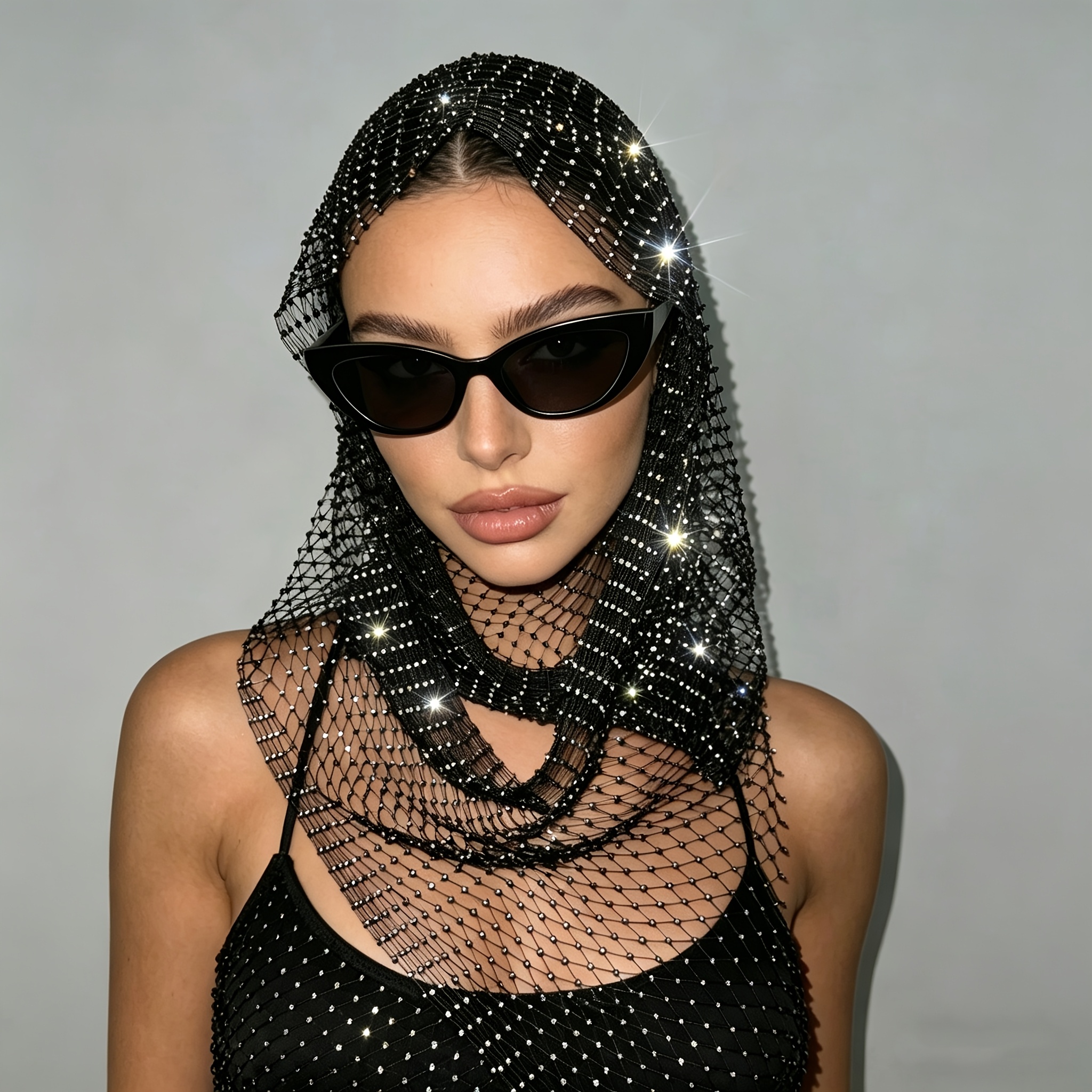 TEMU Women's Fishnet Rhinestone Headscarf And Neck Gaiter, Sparkling Rhinestone Inlay, Suitable For Music Festival Parties, Pool Parties, And Beach