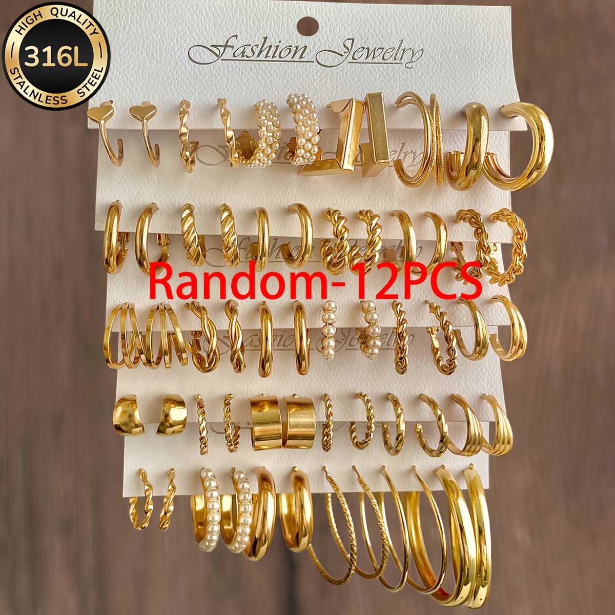 TEMU [Aleatorio-12PCS] Juego de aretes para mujer de acero inoxidable 316L chapado en oro de 18K, diseño exquisito y , con aro en O de C que el