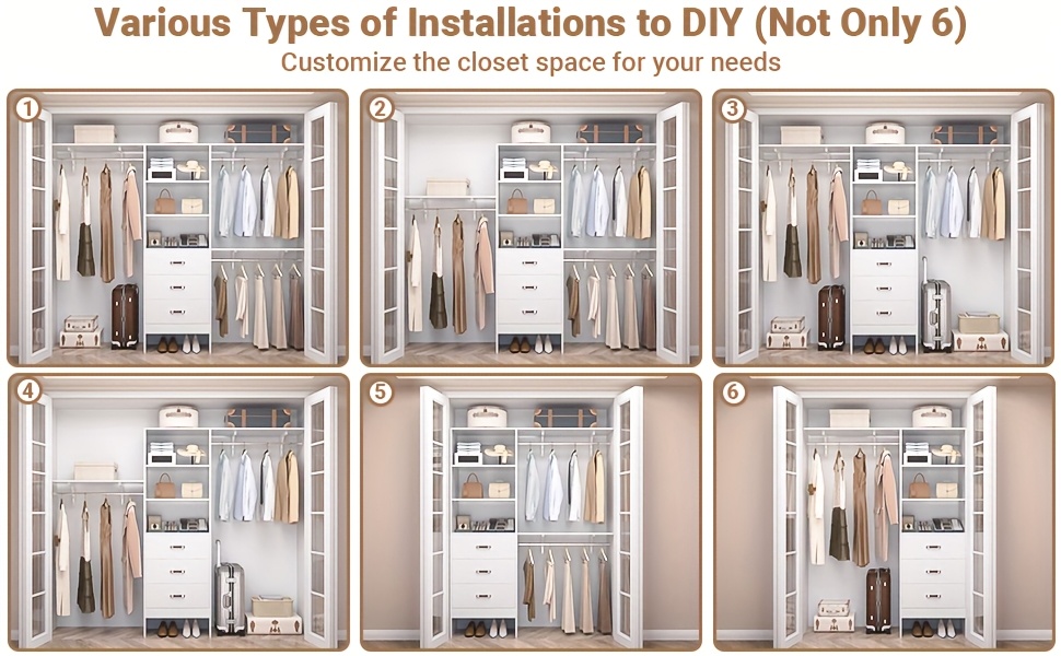 Closet System with Drawer - 8ft Wood Closet Organizer System with 3 Hanging Rods And Shelving Tower, 96