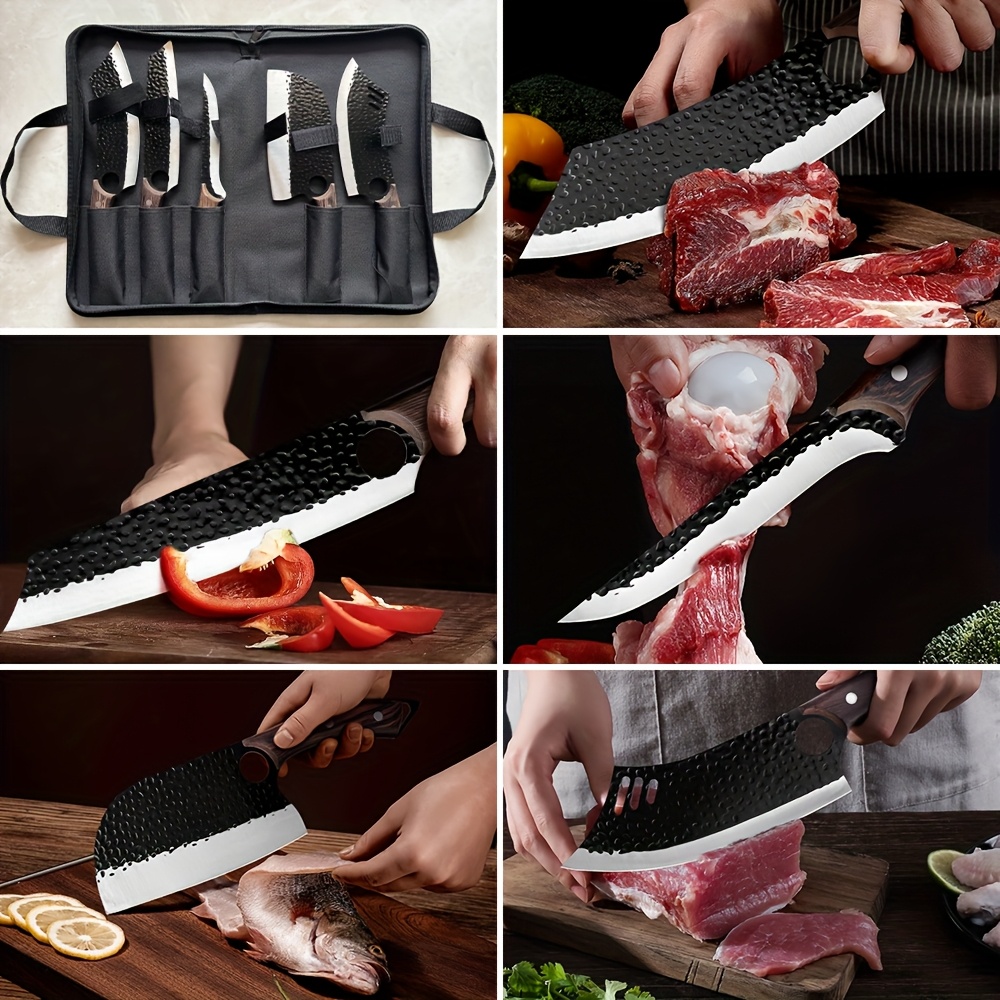 Set de 5 cuțite profesionale pentru bucătărie, Set de cuțite de bucătar, Cuțit de bucătar forjat manual, Perfect pentru cuțit de tăiat, Oțel inoxidabil 7Cr17Mov, Cuțit ascuțit cu mâner din lemn, Include geantă de transport pentru bucătărie