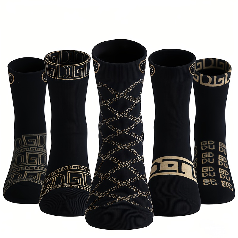TEMU 5 Pairs Of Light Luxury Retro Women's Socks, Black Retro Hong Style Anti-odor Letter Business Men And Women Casual Socks, High-quality Fiber -
