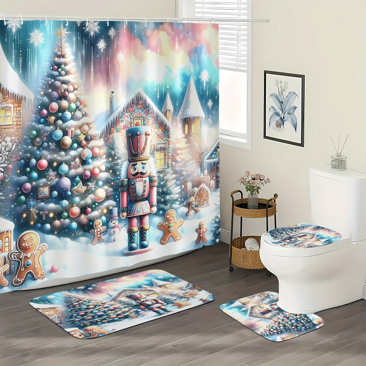 

2023 Christmas Curtain Set (1/4pcs) - 12 , Matching Bath Mat, U-shaped Rug, Lid , Bathroom Stall Decor & Accessories, For Decoration