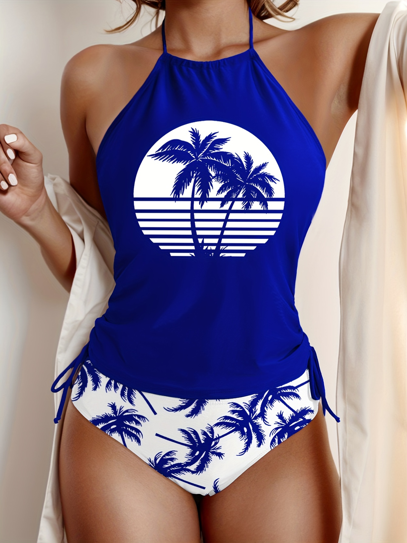 Coconut Tree Set Pattern Drawstring 2pcs Set Swimsuit, Halter Tie Neck Backless Stretchy Low Waist Bathing Suit for Beach Pool, Women'S Swimwear & Clothing