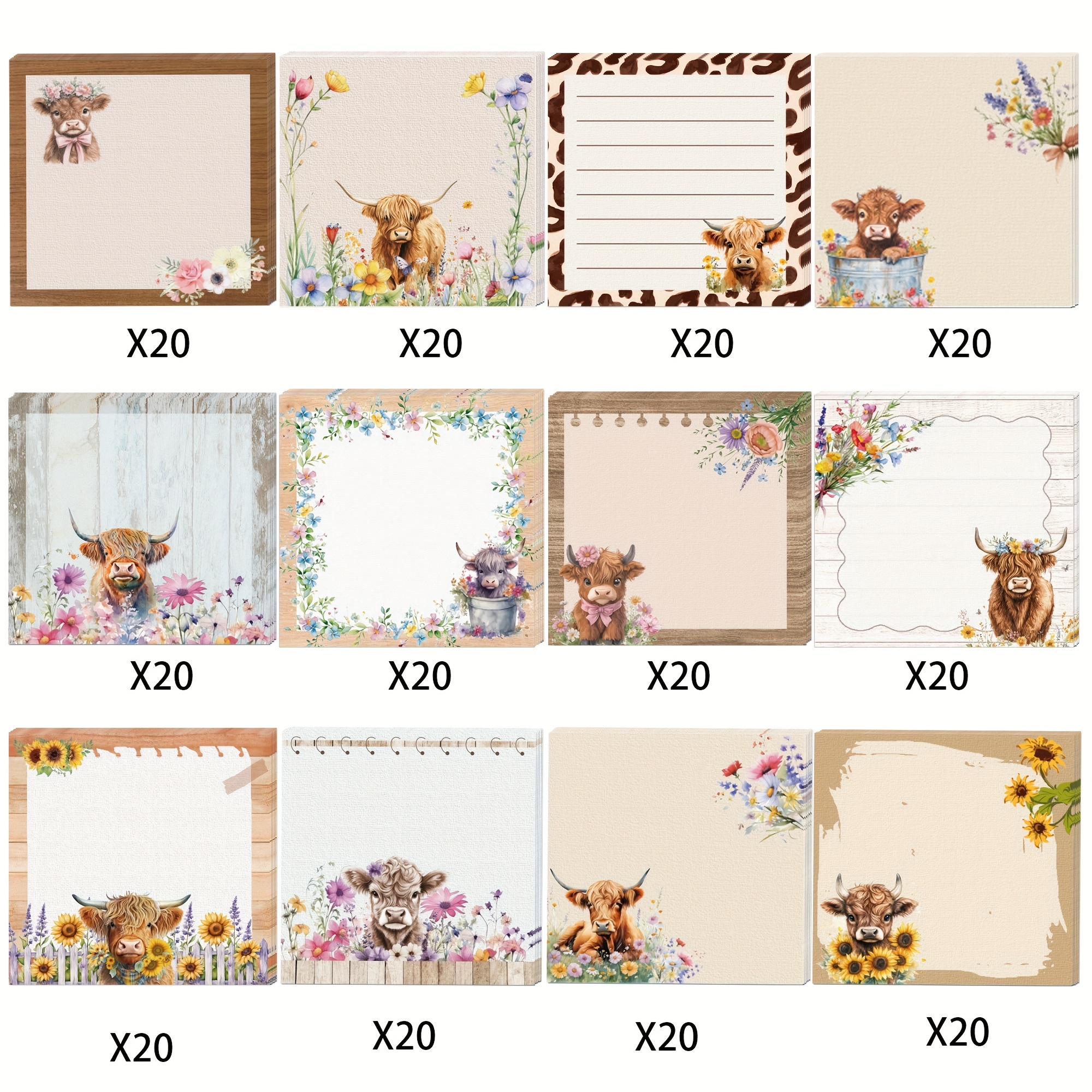 Image of 12pcs (240 Pages) Highland Cow Flower Theme Square Self-adhesive Sticky Writing Memo Pads - Cute Cow & Floral Designs, Durable Paper, Perfect For Birthday Parties