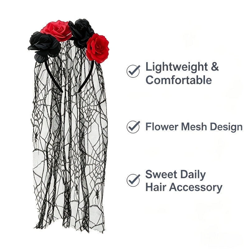 TEMU Bandeau floral d'Halloween et de Noël, long en dentelle araignée, bandeau gothique noir rouge rose, accessoire de cheveux de costume de cosplay