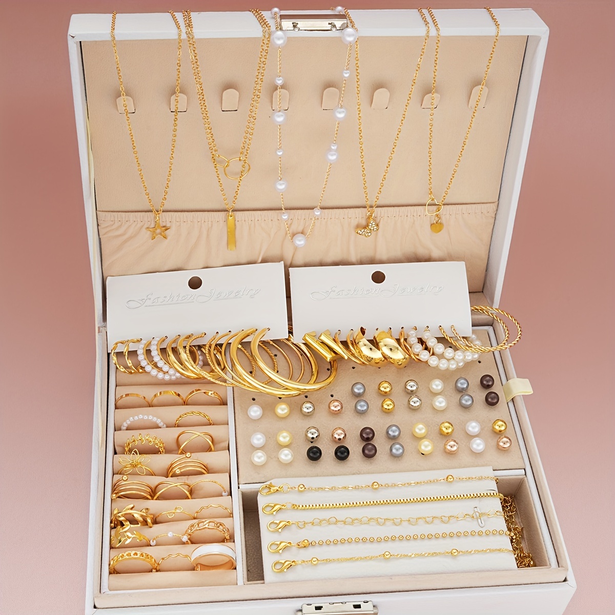 

Luxury 91-piece Jewelry Set For Women, Simulated Pearl & Golden Rings, Bracelets, Necklaces, Earrings, Versatile Style, Perfect For Gift, Casual And Date Wear, Vacation & Minimalist Inspired Design