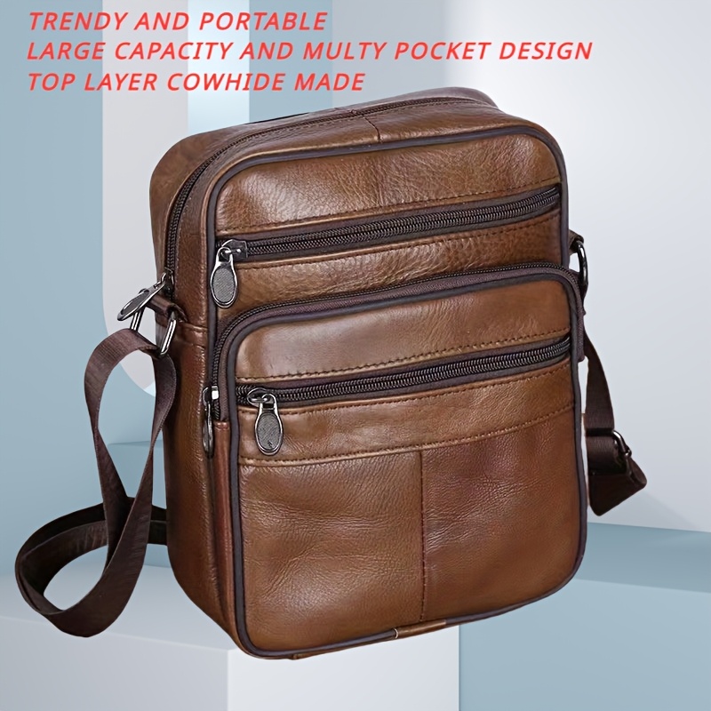 [Genuine Leather Crossbody Bag] Genuine Leather Men's Crossbody Bag - Large Capacity, Top Layer Cowhide, Brown Textured Shoulder Pack with Multiple Compartments, Adjustable Strap for Business & Casual Use