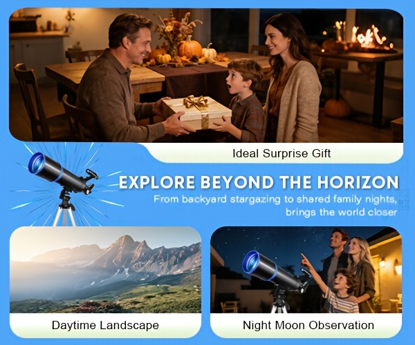 80mm Großöffnungs-Refraktor-Teleskop 180x HD, 600mm Brennweite, 24x-180x Zoom für Sternenbeobachtung Mondbeobachtung. Inklusive Handy-Adapter, Stativ, Barlowlinse, Sucherfernrohr, Mondfilter tragbarer Tragetasche. Ideal für Erwachsene, Studenten Astronomie-Anfänger. Perfekt für Weltraumforschung