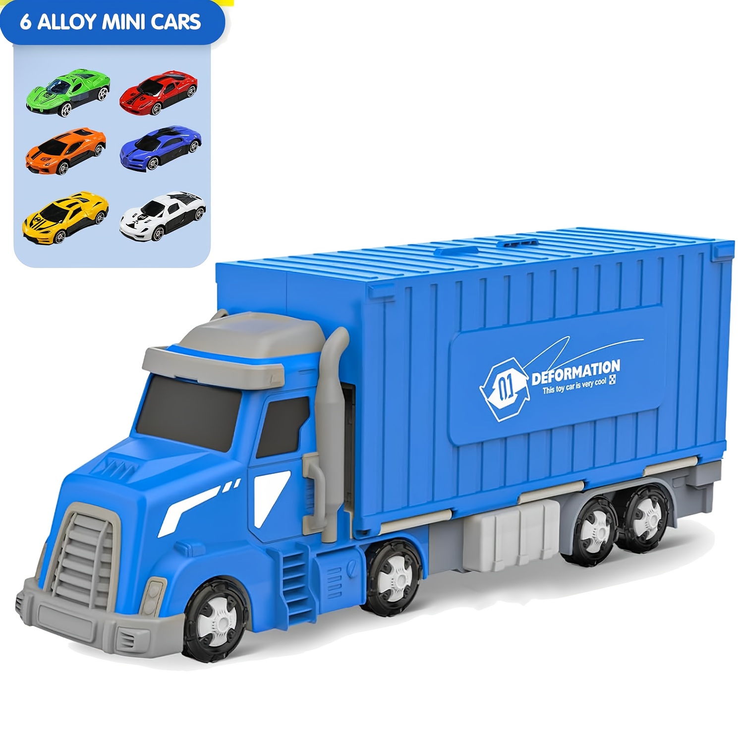 Transforming Truck Track, Foldable Storage Transforming Trailer Large Truck, Children's Toy, Birthday Gift, Gift For Boys, 61-inch (164.5cm) , 6 Metal Cars (styles Random, Blue, Red), 3 And Up