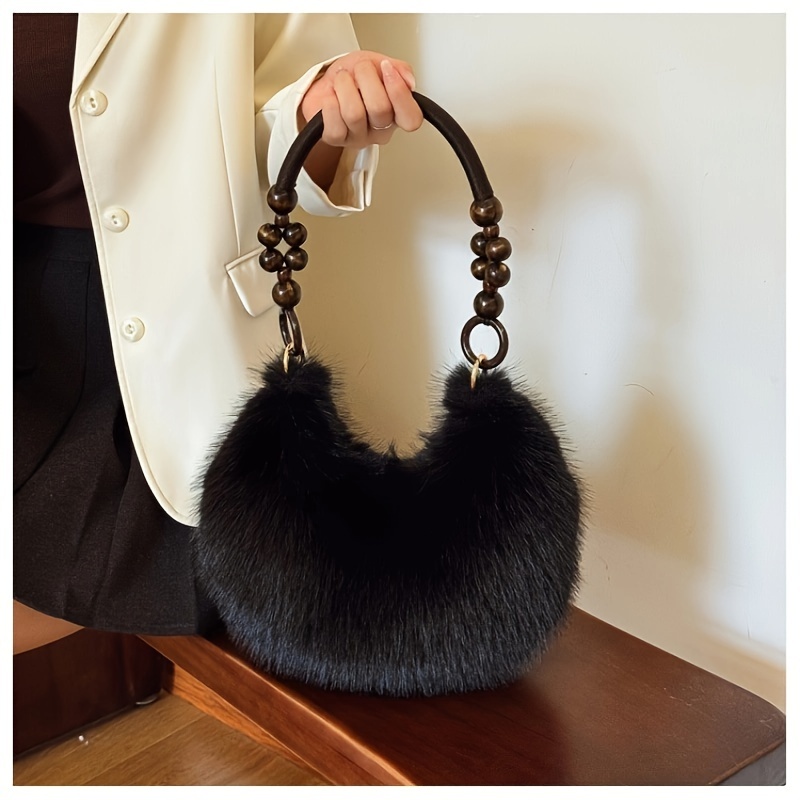 

Women' Fur Shoulder Bag, Underarm Handbag, Solid Color, Washable, In White, Black, Pink, Khaki, Brown, Polyester , Zip Closure