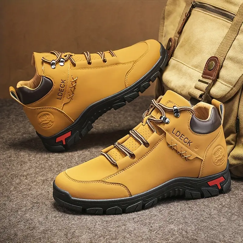 1pair vintage style mens high top casual sneakers solid color lace up upper fabric inner pvc sole round toe for hiking daily wear Product details 0