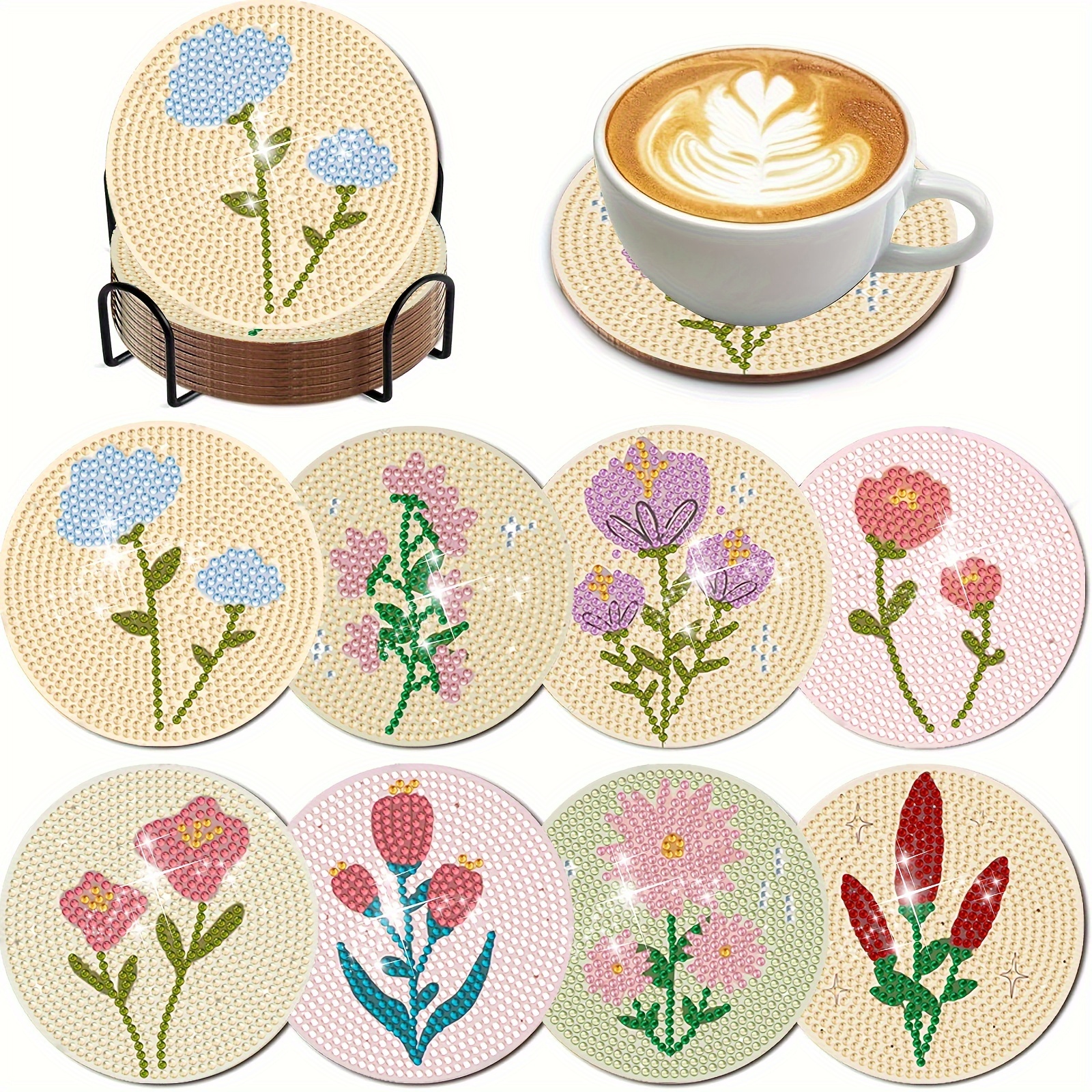 

8 Small Flower Style Coasters With Brackets, Diy Diamond Art Coaster Set, Suitable For Beginner Art And Craft Supplies