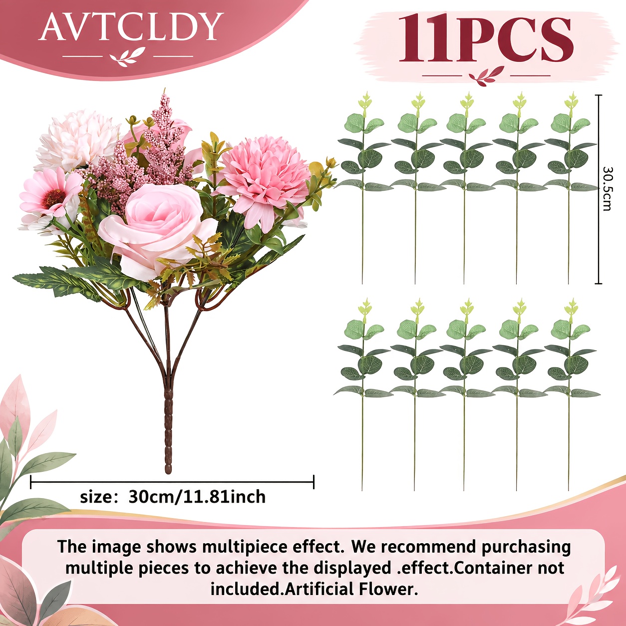 TEMU 11pcs Peony, Rose, Dahlia, Lavender, And Ball Chrysanthemum Mixed Bouquet - Pink And Light Pink - Suitable For Home Decor, Holiday Decor,