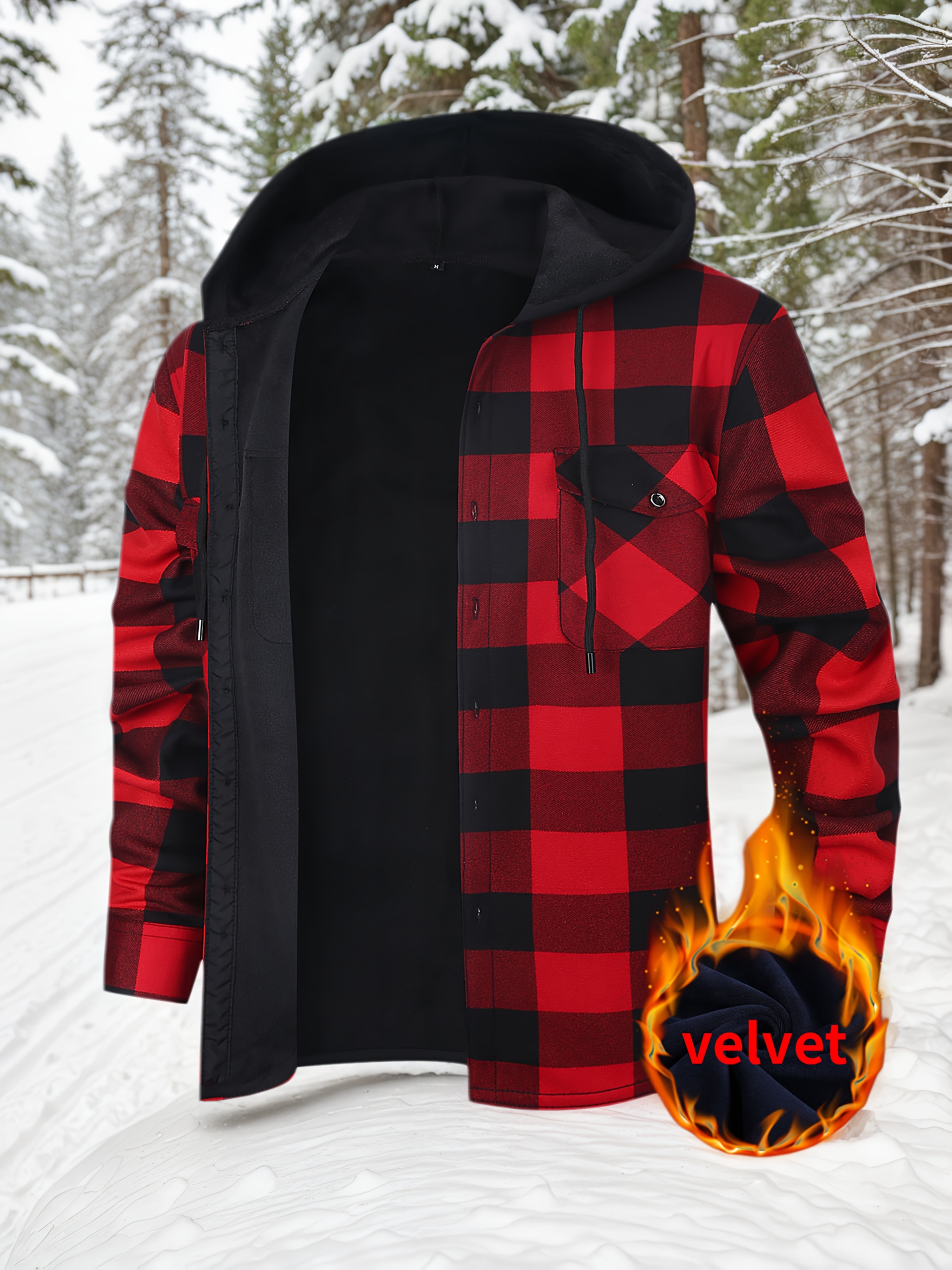 Thermisch werkschort met capuchon voor heren - Heavy-duty fleece gevoerde winterjas met ruitpatroon, volledige ritssluiting aan de voorkant, lange mouwen, overhemdjasje met knoopsluiting voor boerderij, bouw, buiten - Dik geïsoleerd laagstuk (s-3xl) - Ideaal voor Col