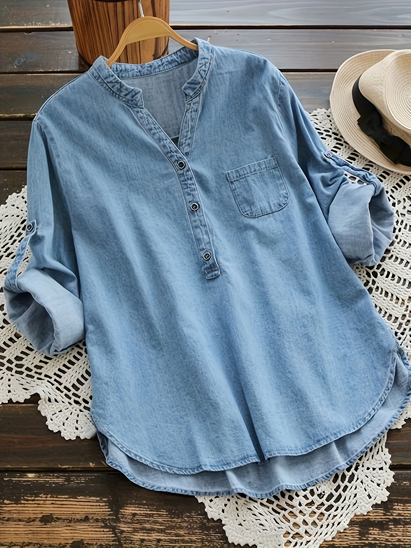 Women's Casual Denim Pocket Shirt Top