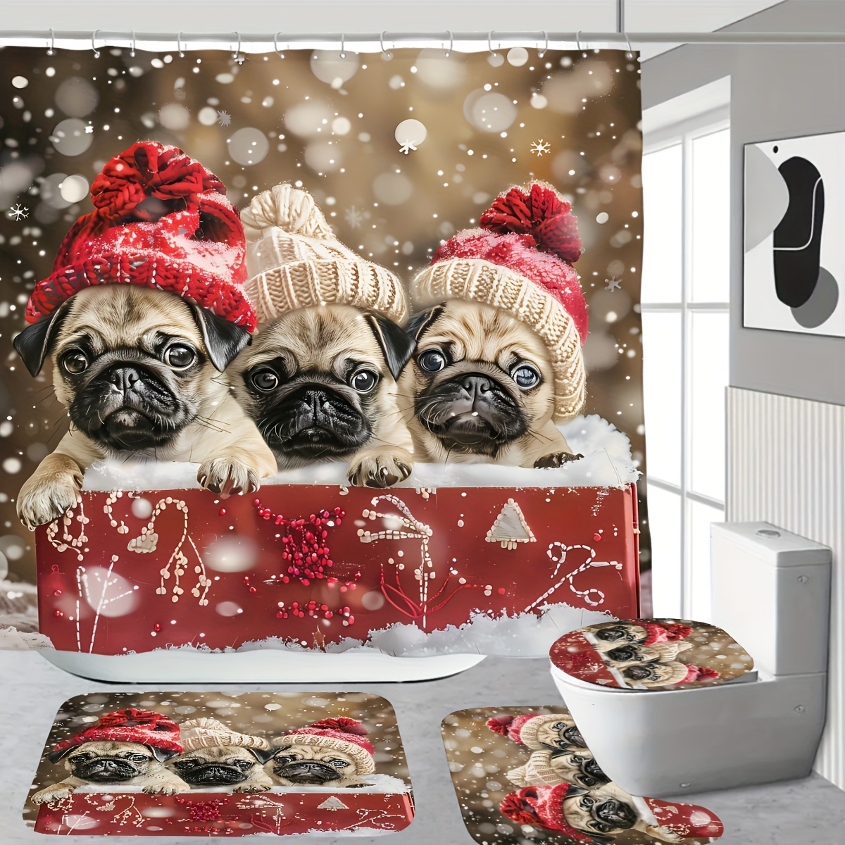 

Festive Shower Curtain Set: Includes 1/4 Pcs Curtain, Toilet Seat Cover, And Bath Mat With Digital Printed Snowmen And Pugs, Suitable For 70.86" X 70.86" / 180" X 180" Shower Stalls