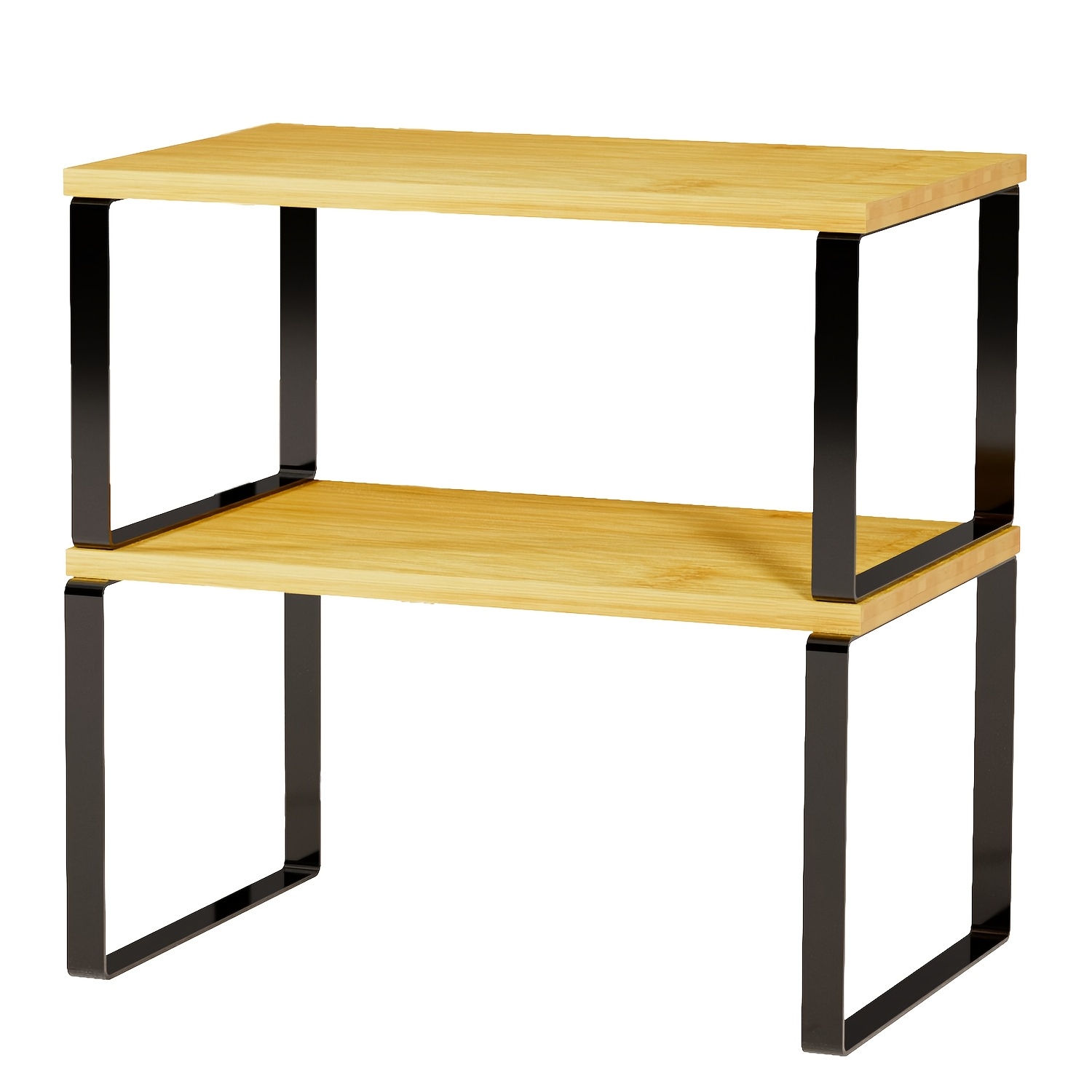Black And Natural Short Spice Racks, 2 Pack Cabinet Shelf Organizers, Stackable Expandable Kitchen Counter Riser For Pantry Cupboard Storage, Home And Kitchen