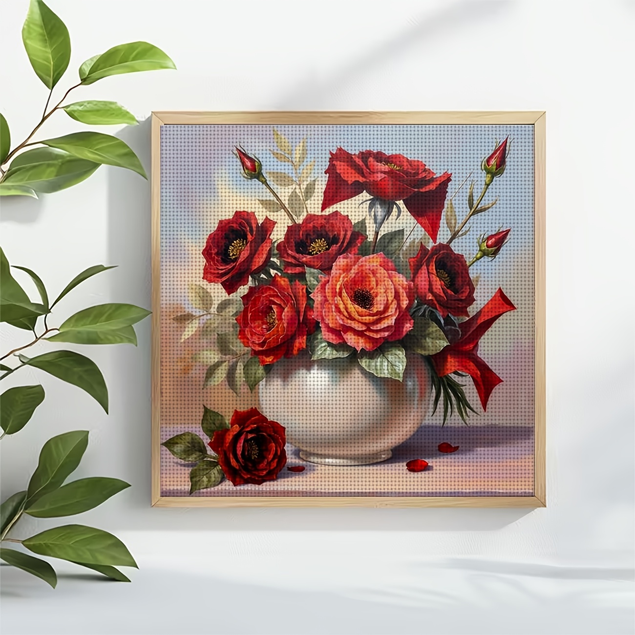 Cross Stitch Printed Kit, White Bottle Red Rose Floral Arrangement