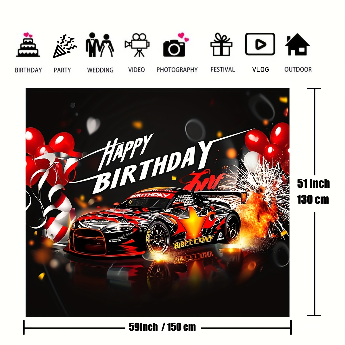 Toile De Fond Anniversaire Voiture De Course – 180×120 Cm, Décoration Fête Garçon, Joyeux Anniversaire Photo Booth