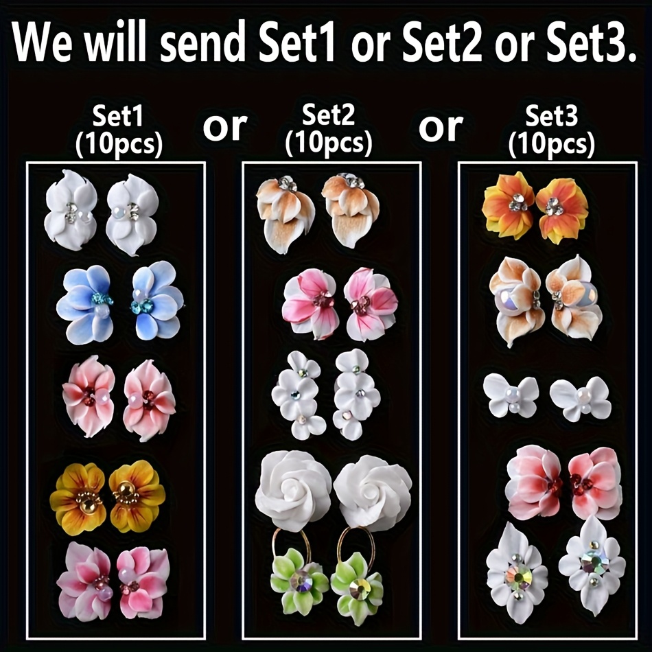 Image of 10pcs 3d Handmade Acrylic Carved Flower Nail Art Charms Rhinestone Floral Jewelry Cherry Nail Supplies