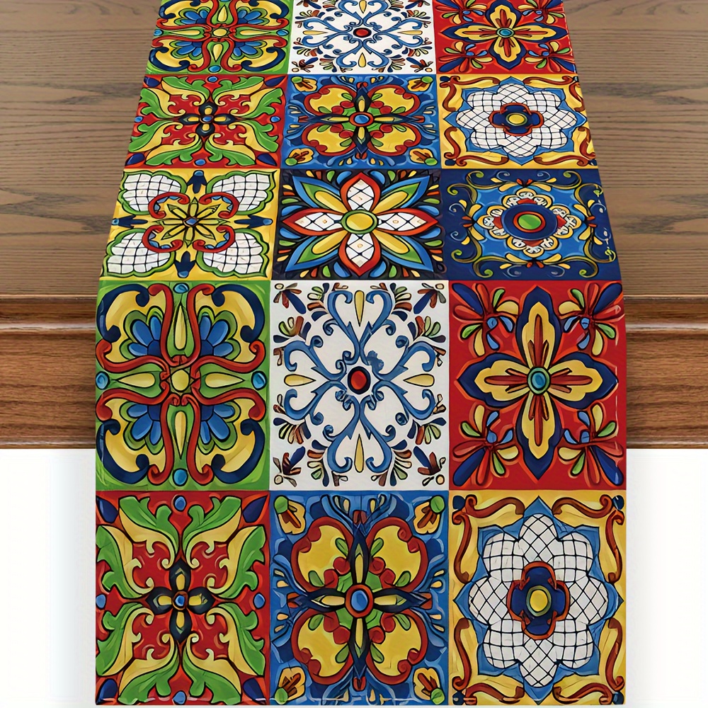 TEMU Festive Mexican Talavera Ceramic Runner - Long For Cinco De & Party Decor, Durable Polyester, Indoor Home Dustproof Accessory