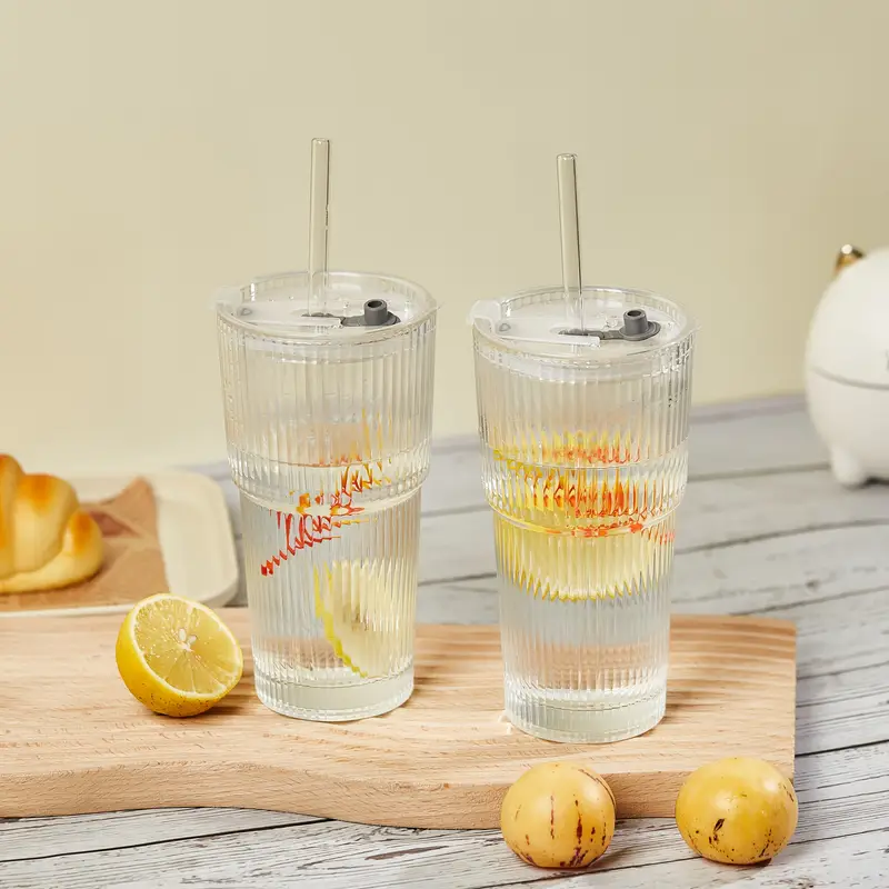 2pcs 600ml 20oz large striped glass with lid reusable suitable for cold drinks juice and coffee ideal for home office and holiday mothers day and easter gifts Product details 0