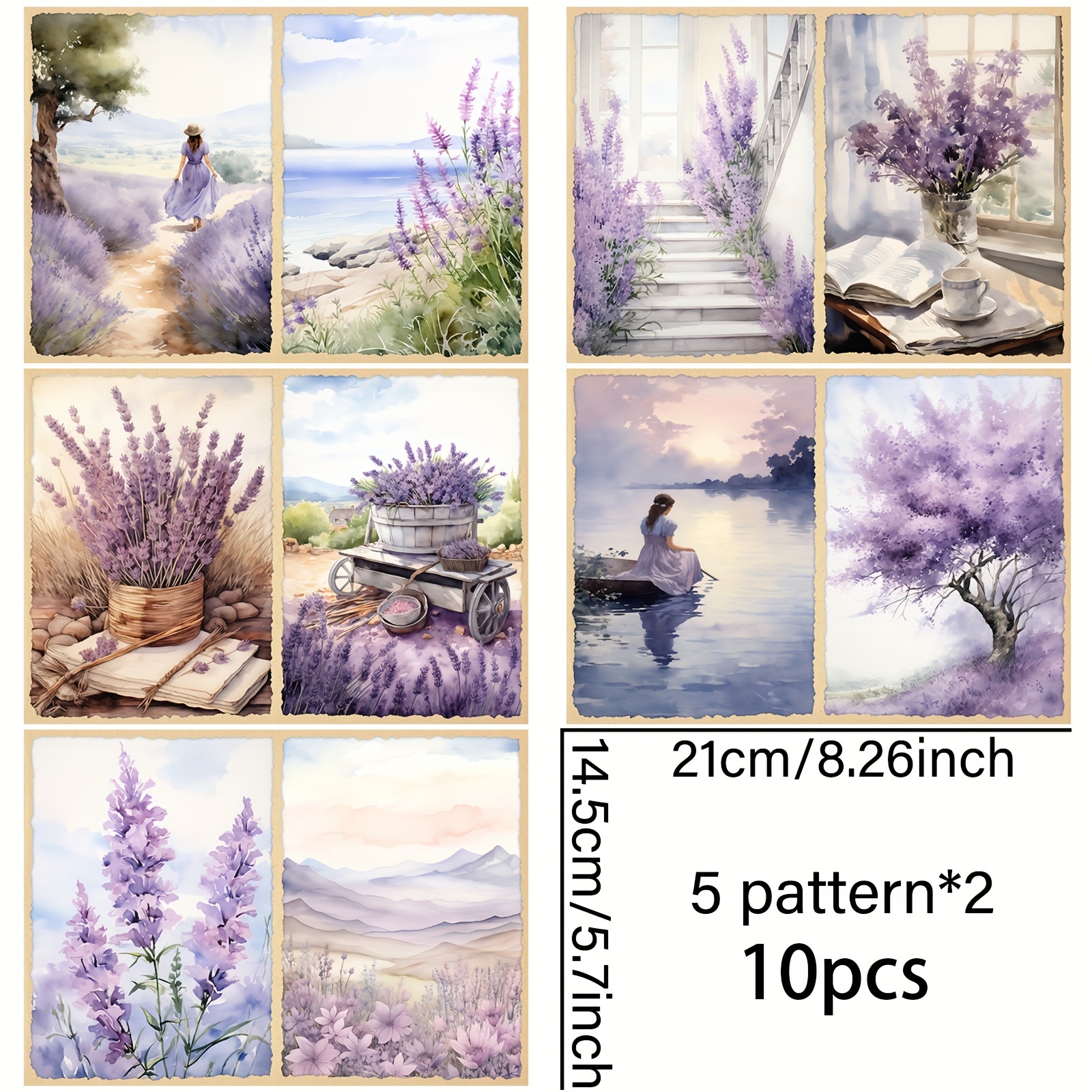 Image of 10pcs Of A5 Size Purple Lavender Girl Background Materials For Lakeside And Window Decoration, Vintage Diary, Junk Journal, Greeting Card, Planner, Background, And Card Mat